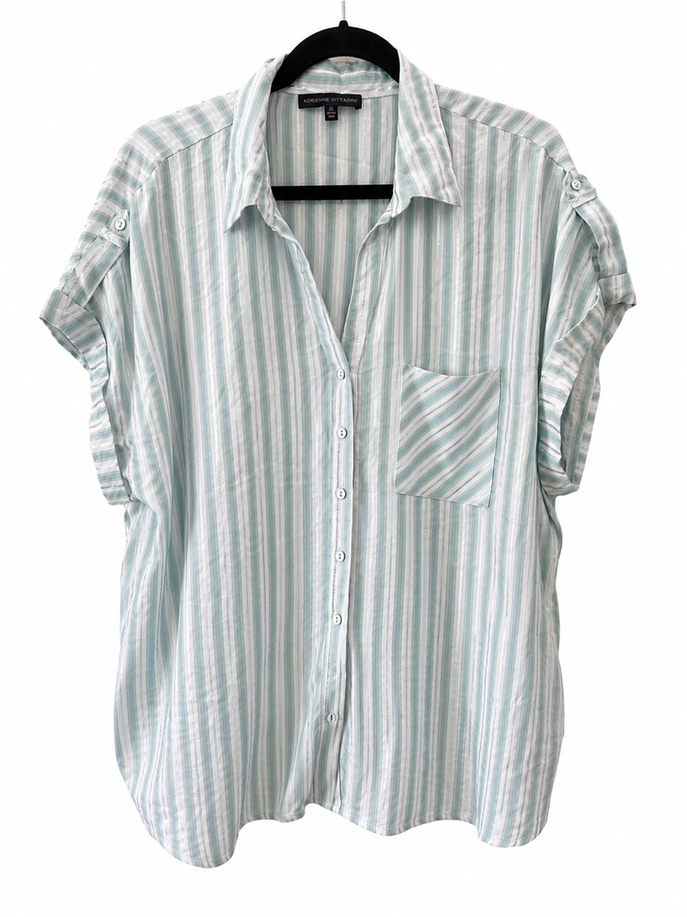 Adrienne Vittadini 2X Mint Stripe Roll Tab Button Front Blouse Plus Size